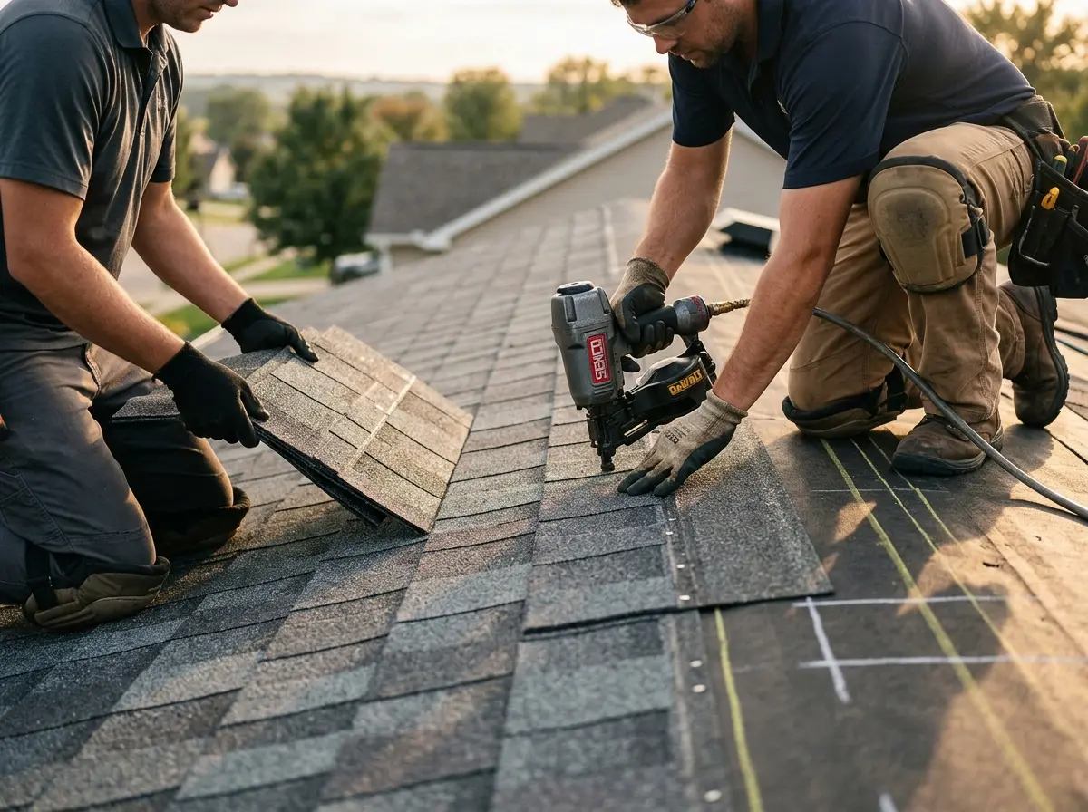 Professional roofer working on a residential roof in Wynne